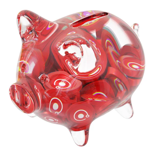 Render Token (RNDR) Clear Glass piggy bank with decreasing piles of crypto coins. Saving inflation, financial crisis, and losing money concept. 3d illustration