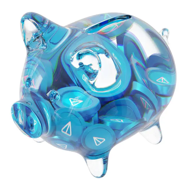 Toncoin (TON) Clear Glass piggy bank with decreasing piles of crypto coins. Saving inflation, financial crisis, and losing money concept. 3d illustration