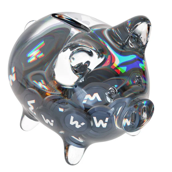 WOO Network (WOO) Clear Glass piggy bank with decreasing piles of crypto coins. Saving inflation, financial crisis, and losing money concept. 3d illustration