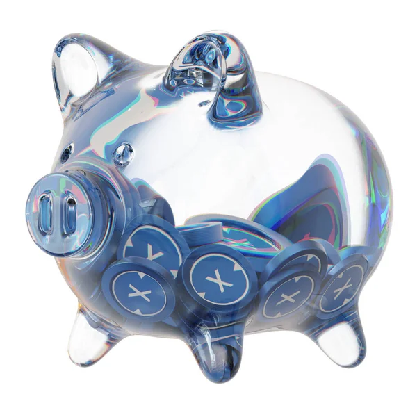 XDC Network (XDC) Clear Glass piggy bank with decreasing piles of crypto coins. Saving inflation, financial crisis, and losing money concept. 3d illustration