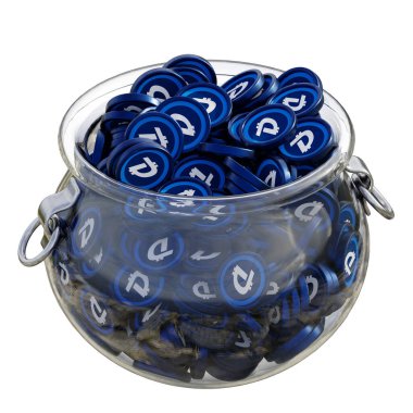 DigiByte DGB 'nin 3 boyutlu şifreli bozuk para tasarruf bankası ve izole edilmiş arka planı var. Finansal kazanç yönetimi tasarruf maliyet azaltma mevduat ekonomi cam kap 3D render. resimleme