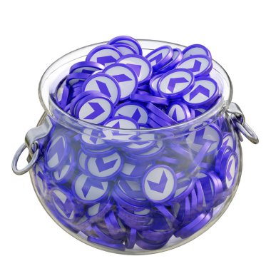 Üç boyutlu şifreli bozuk para tasarruf bankasındaki her ölçekte izole edilmiş madeni paralar. Finansal kazanç yönetimi tasarruf maliyet azaltma mevduat ekonomi cam kap 3D render. resimleme