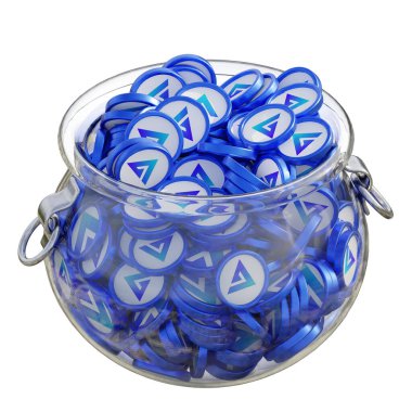 GMX in 3 boyutlu şifreleme madeni para tasarrufu bankası ve izole arka planda yığınla bozuk para. Finansal kazanç yönetimi tasarruf maliyet azaltma mevduat ekonomi cam kap 3D render. resimleme