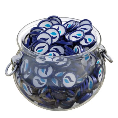Huobi Token HT in 3 boyutlu kripto para tasarruf bankası ve izole edilmiş arka planda yığınla para. Finansal kazanç yönetimi tasarruf maliyet azaltma mevduat ekonomi cam kap 3D render. resimleme