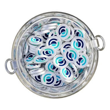 3 boyutlu kripto bozuk para tasarruf bankasındaki Horizen ZEN 'in izole edilmiş arka planı var. Finansal kazanç yönetimi tasarruf maliyet azaltma mevduat ekonomi cam kap 3D render. resimleme