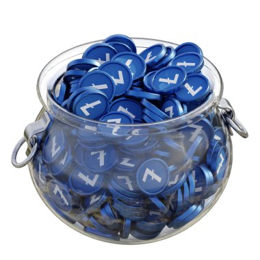 Litecoin LTC 'nin 3 boyutlu şifreleme madeni para tasarrufu bankası ve izole arka planda yığınla madeni para. Finansal kazanç yönetimi tasarruf maliyet azaltma mevduat ekonomi cam kap 3D render. resimleme