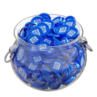 Maskeli Ağ Massachusetts 3 boyutlu şifreli para tasarruf bankası ve izole edilmiş arka planda yığınla bozuk para. Finansal kazanç yönetimi tasarruf maliyet azaltma mevduat ekonomi cam kap 3D render. resimleme