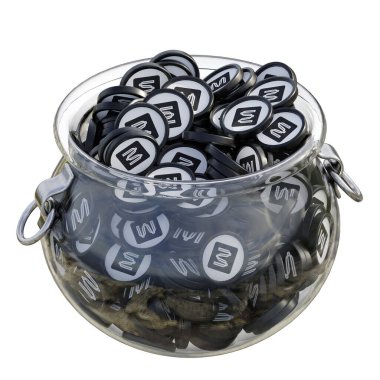 3 boyutlu kripto bozuk para tasarruf bankasındaki Mina 'nın izole edilmiş arka planı var. Finansal kazanç yönetimi tasarruf maliyet azaltma mevduat ekonomi cam kap 3D render. resimleme