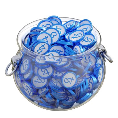 Tezos XTZ 'nin 3 boyutlu şifreli bozuk para tasarruf bankası ve izole edilmiş arka planı var. Finansal kazanç yönetimi tasarruf maliyet azaltma mevduat ekonomi cam kap 3D render. resimleme