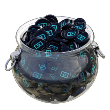 Theta Ağı theTA 'nın 3 boyutlu şifreli bozuk para tasarruf bankası ve izole edilmiş arka planı var. Finansal kazanç yönetimi tasarruf maliyet azaltma mevduat ekonomi cam kap 3D render. resimleme