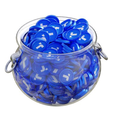 Üç boyutlu şifreli bozuk para tasarruf bankasındaki TrueUSD TUSD izole edilmiş arka planda yığınla madeni para. Finansal kazanç yönetimi tasarruf maliyet azaltma mevduat ekonomi cam kap 3D render. resimleme