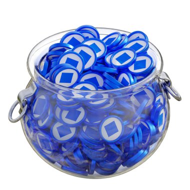 3 boyutlu şifreli para tasarruf bankası dalgaları ve izole edilmiş arka planda yığınla bozuk paralar. Finansal kazanç yönetimi tasarruf maliyet azaltma mevduat ekonomi cam kap 3D render. resimleme