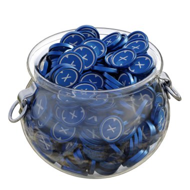 XDC Network XDC 3 boyutlu şifreli bozuk para tasarruf bankası ve izole edilmiş arka planda yığınla bozuk para. Finansal kazanç yönetimi tasarruf maliyet azaltma mevduat ekonomi cam kap 3D render. resimleme