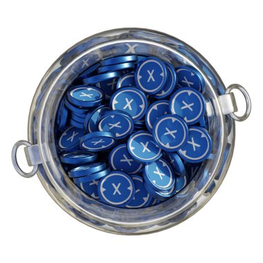 XDC Network XDC 3 boyutlu şifreli bozuk para tasarruf bankası ve izole edilmiş arka planda yığınla bozuk para. Finansal kazanç yönetimi tasarruf maliyet azaltma mevduat ekonomi cam kap 3D render. resimleme