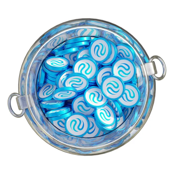 İnjektif INJ in 3D crypto coin save bank ve izole edilmiş arka planda yığınla bozuk para. Finansal kazanç yönetimi tasarruf maliyet azaltma mevduat ekonomi cam kap 3D render. resimleme