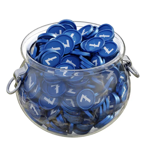 Litecoin LTC 'nin 3 boyutlu şifreleme madeni para tasarrufu bankası ve izole arka planda yığınla madeni para. Finansal kazanç yönetimi tasarruf maliyet azaltma mevduat ekonomi cam kap 3D render. resimleme