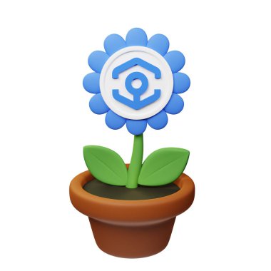  Beyaz arkaplanda Ankr işareti olan saksıdaki çiçeğin 3B görüntüsü