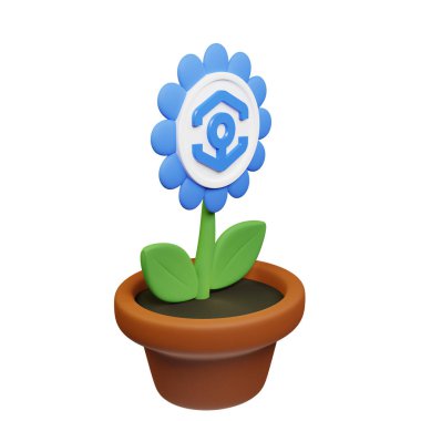  Beyaz arkaplanda Ankr işareti olan saksıdaki çiçeğin 3B görüntüsü