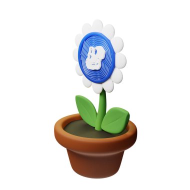  ApeCoin ve ApeCoin 'in saksıdaki çiçeğin 3 boyutlu görüntüsü, beyaz arkaplanda APE işareti