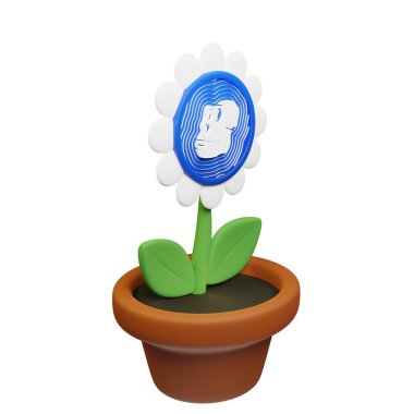  ApeCoin ve ApeCoin 'in saksıdaki çiçeğin 3 boyutlu görüntüsü, beyaz arkaplanda APE işareti