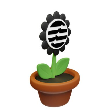  Aptos ile saksıdaki çiçeğin 3 boyutlu çizimi, beyaz arkaplanda APT işareti