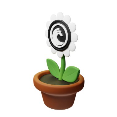  BitTorrent ve beyaz arkaplanda BTT işareti olan saksıdaki çiçeğin 3B görüntüsü