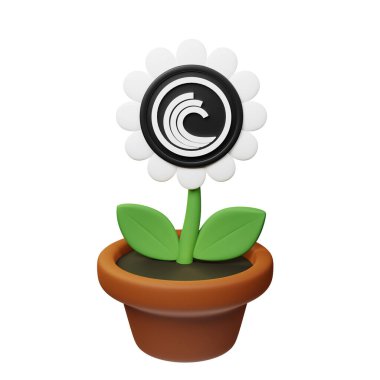  BitTorrent ve beyaz arkaplanda BTT işareti olan saksıdaki çiçeğin 3B görüntüsü