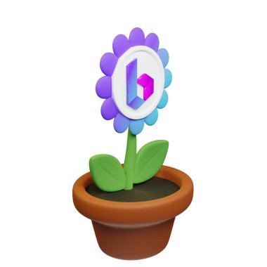  Beyaz arkaplanda BORA işareti olan saksıdaki çiçeğin 3B görüntüsü