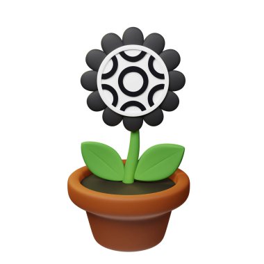  Beyin Güveni ile saksıdaki çiçeğin 3 boyutlu çizimi, beyaz arkaplanda BTRST işareti