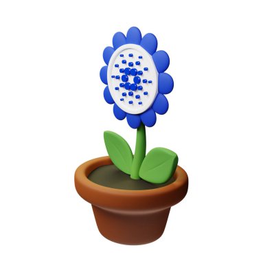  3 boyutlu çiçek resmi ve Cardano, beyaz arka planda ADA işareti.