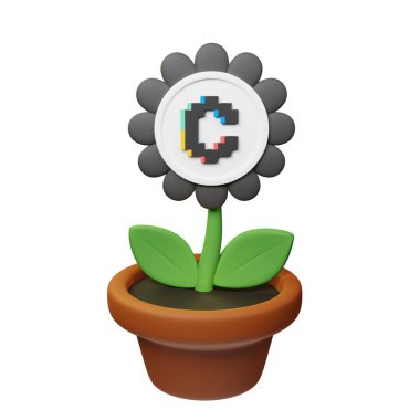  Dışbükey Finans ile saksıdaki çiçeğin 3B çizimi, beyaz arkaplanda CVX işareti