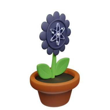  Kozmos ile saksıdaki çiçeğin 3 boyutlu tasviri, beyaz arkaplanda ATOM işareti