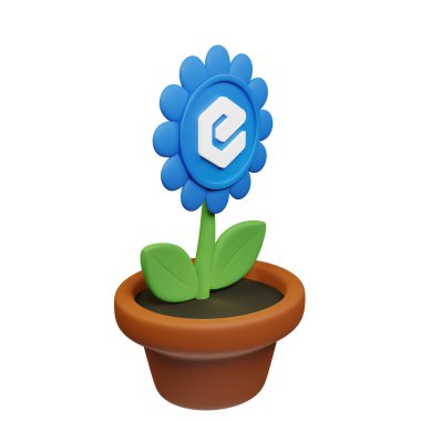  ECash ile saksıdaki çiçeğin 3 boyutlu görünümü, beyaz arkaplanda XEC işareti