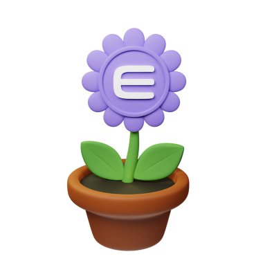  Enjin Coin ve beyaz arkaplanda ENJ işareti olan saksıdaki çiçeğin 3 boyutlu görüntüsü
