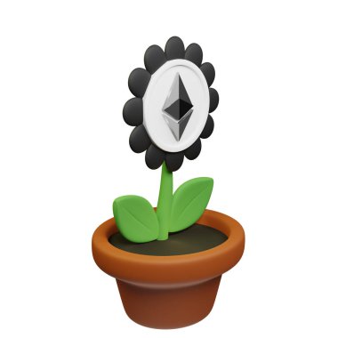  Ethereum ile saksıdaki çiçeğin 3 boyutlu tasviri, beyaz arkaplanda ETH işareti