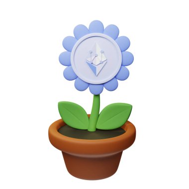  EthereumPoW, beyaz arkaplanda ETHW işareti olan saksıdaki çiçeğin 3 boyutlu görüntüsü