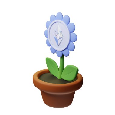  EthereumPoW, beyaz arkaplanda ETHW işareti olan saksıdaki çiçeğin 3 boyutlu görüntüsü