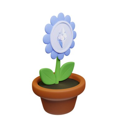  EthereumPoW, beyaz arkaplanda ETHW işareti olan saksıdaki çiçeğin 3 boyutlu görüntüsü