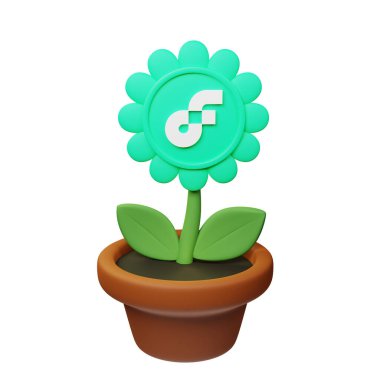  Beyaz arkaplanda akış işareti olan saksıdaki çiçeğin 3B görüntüsü