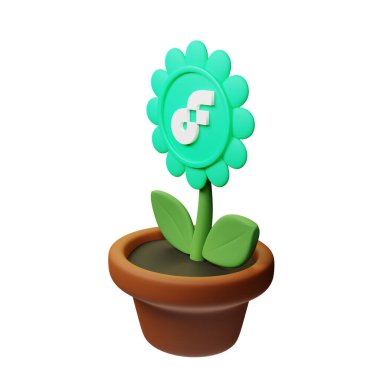  Beyaz arkaplanda akış işareti olan saksıdaki çiçeğin 3B görüntüsü