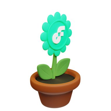  Beyaz arkaplanda akış işareti olan saksıdaki çiçeğin 3B görüntüsü