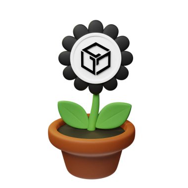  Beyaz arkaplanda Gala işareti olan saksıdaki çiçeğin 3 boyutlu görüntüsü