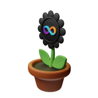  İnternet Bilgisayarı ile saksıdaki çiçeğin 3 boyutlu görünümü, beyaz arkaplanda ICP işareti