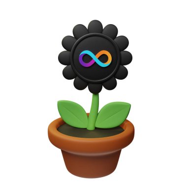  İnternet Bilgisayarı ile saksıdaki çiçeğin 3 boyutlu görünümü, beyaz arkaplanda ICP işareti