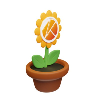  Klaytn ve beyaz arkaplanda KLAY işareti olan saksıdaki çiçeğin 3B görüntüsü