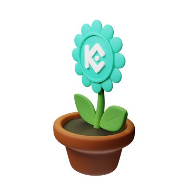 KCS işareti beyaz arkaplanda, KuCoin Token ile saksıdaki çiçeğin 3B görüntüsü