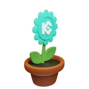  KCS işareti beyaz arkaplanda, KuCoin Token ile saksıdaki çiçeğin 3B görüntüsü