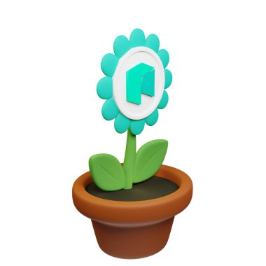  Beyaz arkaplanda neo işareti olan saksıdaki çiçeğin 3B görüntüsü
