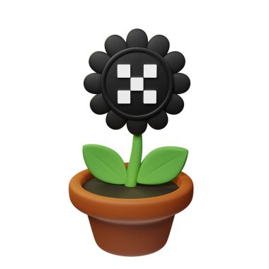  Beyaz arkaplanda OKB işareti olan saksıdaki çiçeğin 3B görüntüsü