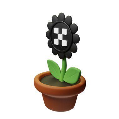  Beyaz arkaplanda OKB işareti olan saksıdaki çiçeğin 3B görüntüsü